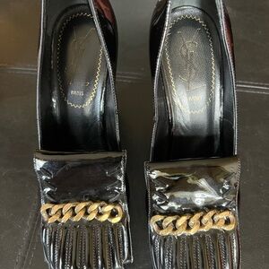 Yves Saint Laurent Glossy Black Loafers with Gold Chain